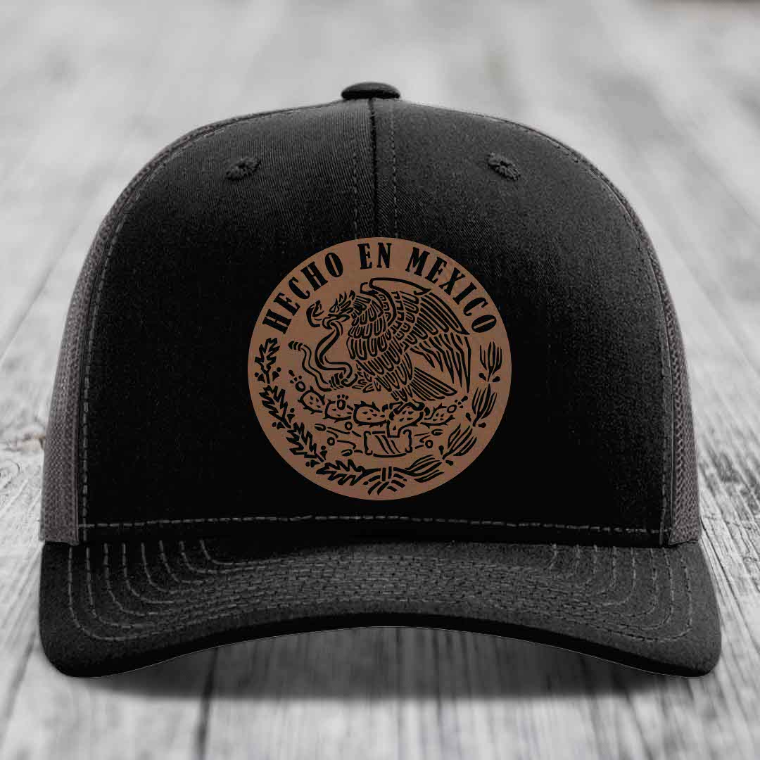 Hecho En Mexico - Leather Patch Hat - Dark Brown to Black Patch - Richardson 112 Snapback Trucker Hat