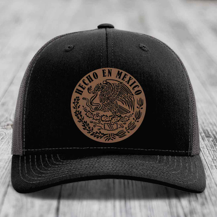 Hecho En Mexico - Leather Patch Hat - Dark Brown to Black Patch - Richardson 112 Snapback Trucker Hat