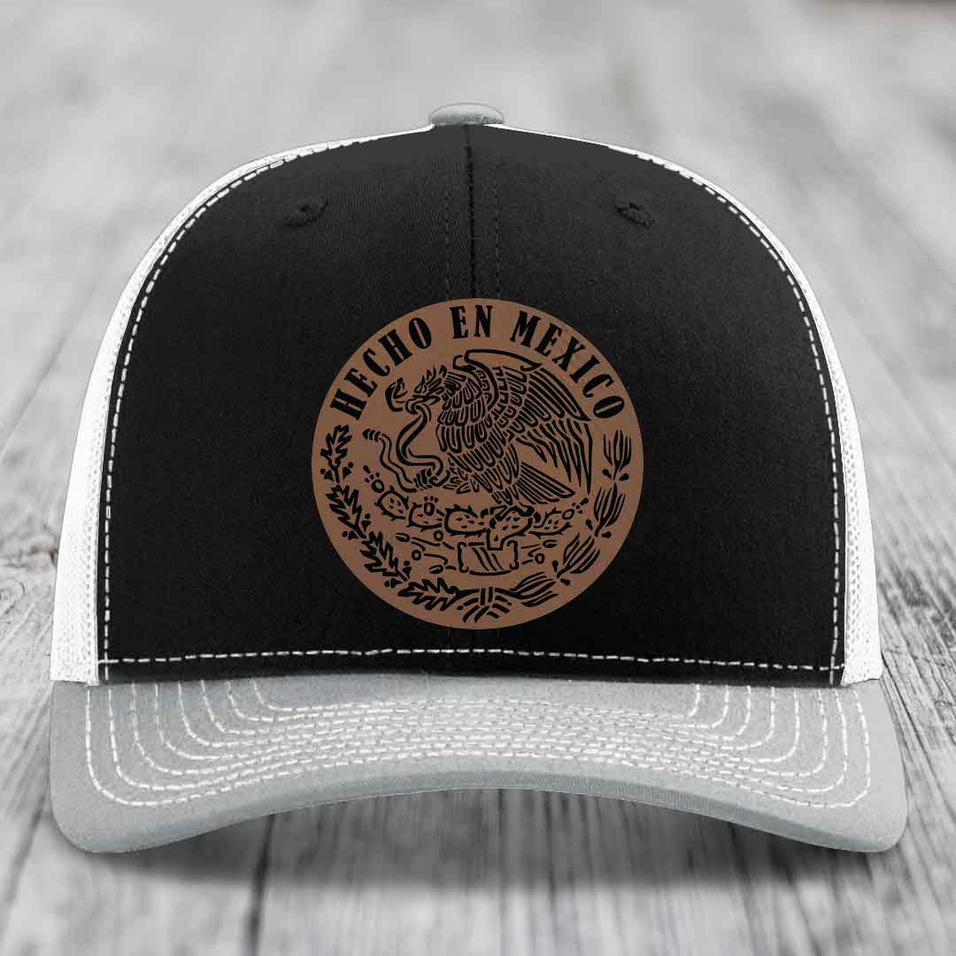 Hecho En Mexico - Leather Patch Hat - Dark Brown to Black Patch - Richardson 112 Snapback Trucker Hat