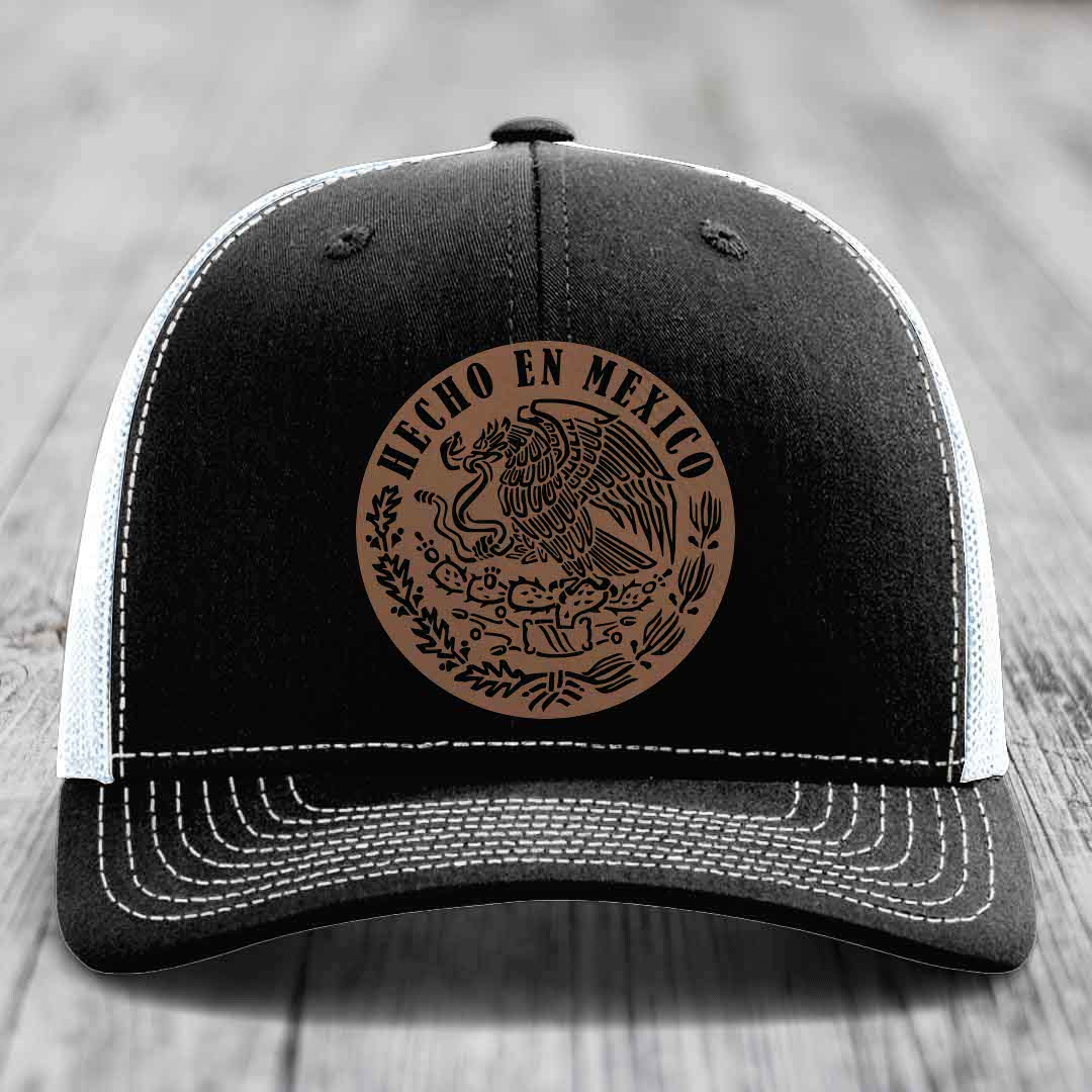 Hecho En Mexico - Leather Patch Hat - Dark Brown to Black Patch - Richardson 112 Snapback Trucker Hat