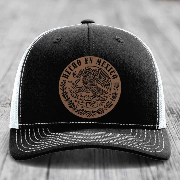 Hecho En Mexico - Leather Patch Hat - Dark Brown to Black Patch - Richardson 112 Snapback Trucker Hat