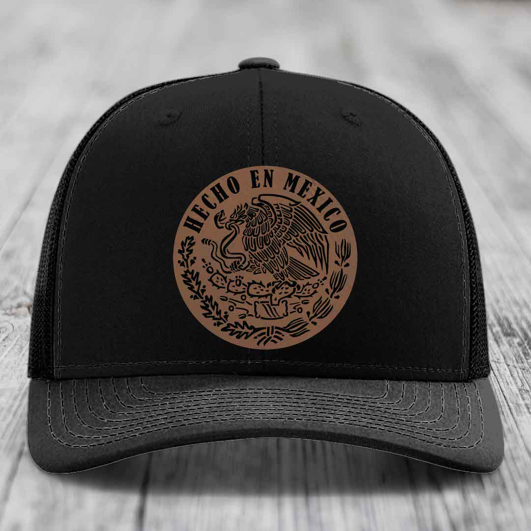 Hecho En Mexico - Leather Patch Hat - Dark Brown to Black Patch - Richardson 112 Snapback Trucker Hat