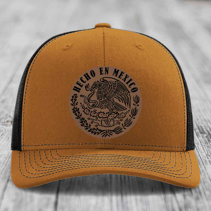 Hecho En Mexico - Leather Patch Hat - Dark Brown to Black Patch - Richardson 112 Snapback Trucker Hat
