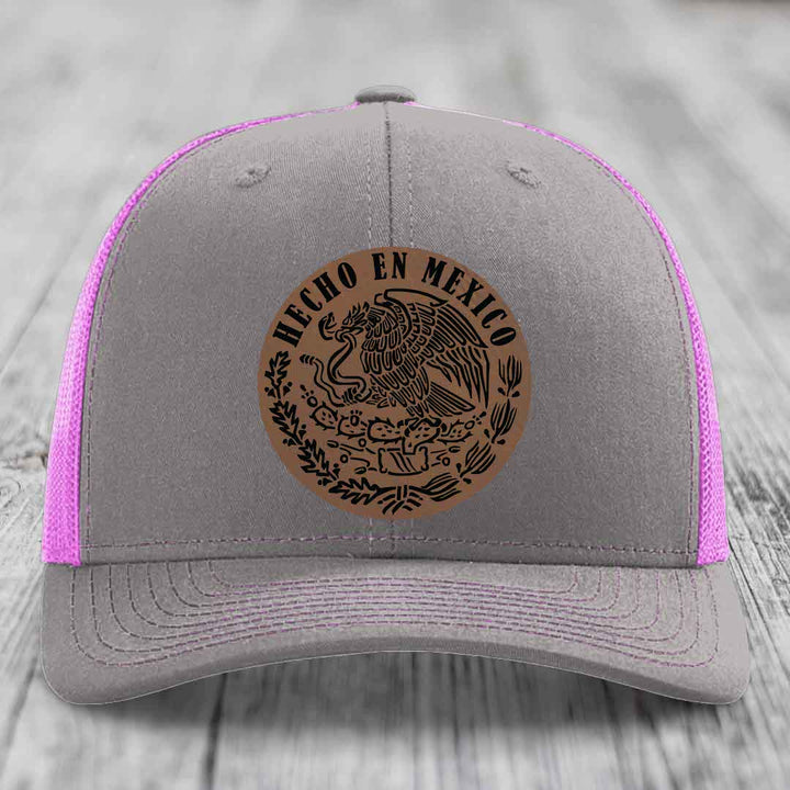 Hecho En Mexico - Leather Patch Hat - Dark Brown to Black Patch - Richardson 112 Snapback Trucker Hat