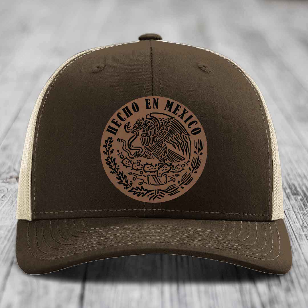 Hecho En Mexico - Leather Patch Hat - Dark Brown to Black Patch - Richardson 112 Snapback Trucker Hat