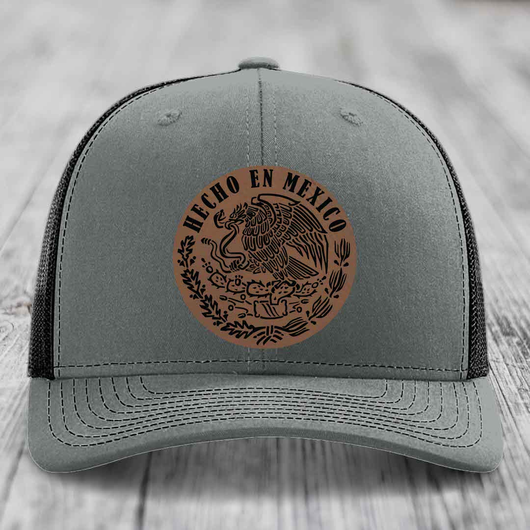 Hecho En Mexico - Leather Patch Hat - Dark Brown to Black Patch - Richardson 112 Snapback Trucker Hat