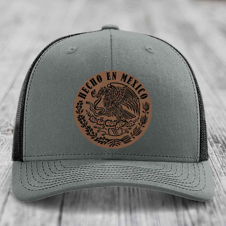 Hecho En Mexico - Leather Patch Hat - Dark Brown to Black Patch - Richardson 112 Snapback Trucker Hat