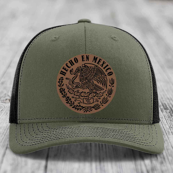 Hecho En Mexico - Leather Patch Hat - Dark Brown to Black Patch - Richardson 112 Snapback Trucker Hat