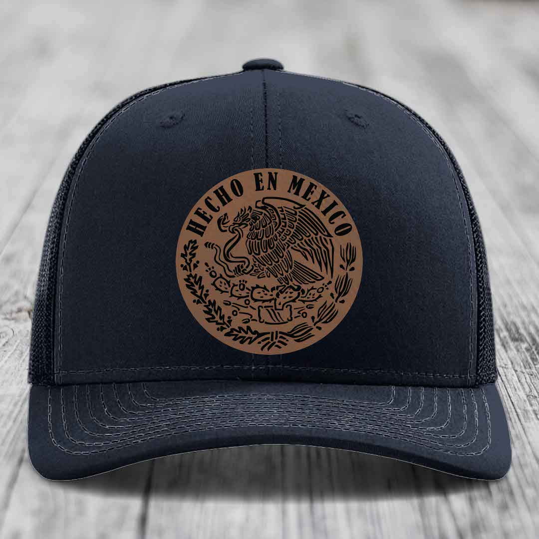 Hecho En Mexico - Leather Patch Hat - Dark Brown to Black Patch - Richardson 112 Snapback Trucker Hat