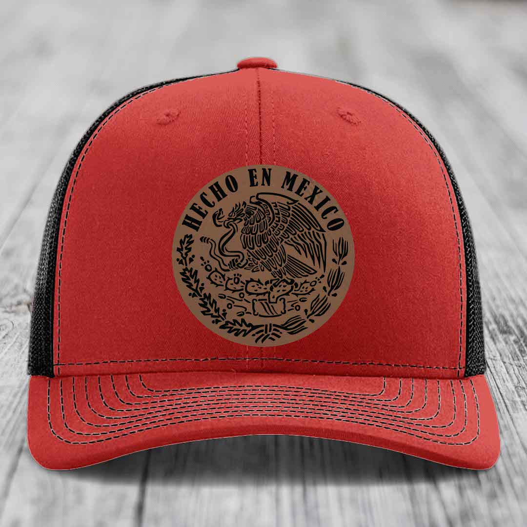 Hecho En Mexico - Leather Patch Hat - Dark Brown to Black Patch - Richardson 112 Snapback Trucker Hat