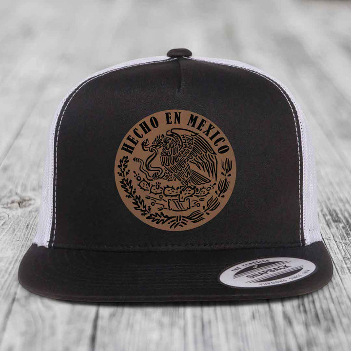 Hecho En Mexico - Leather Patch Hat - Dark Brown to Black Patch - Yupoong 6006 Snapback Flatbill Hat