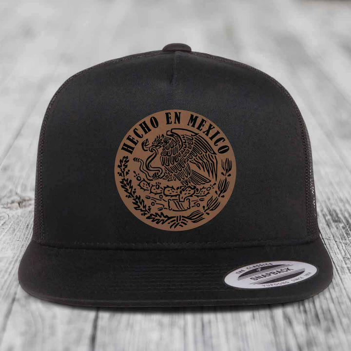 Hecho En Mexico - Leather Patch Hat - Dark Brown to Black Patch - Yupoong 6006 Snapback Flatbill Hat