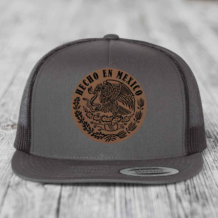 Hecho En Mexico - Leather Patch Hat - Dark Brown to Black Patch - Yupoong 6006 Snapback Flatbill Hat