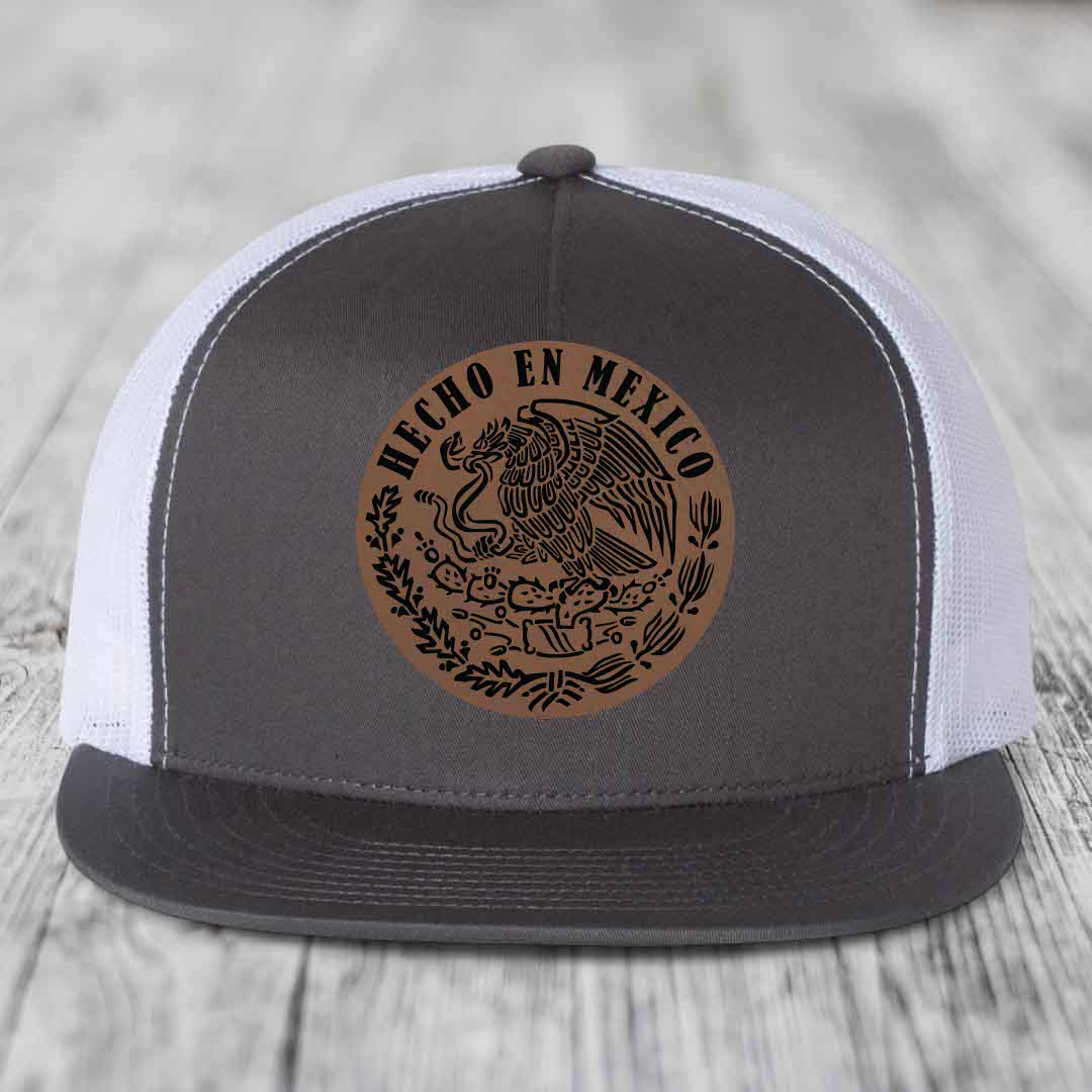 Hecho En Mexico - Leather Patch Hat - Dark Brown to Black Patch - Yupoong 6006 Snapback Flatbill Hat