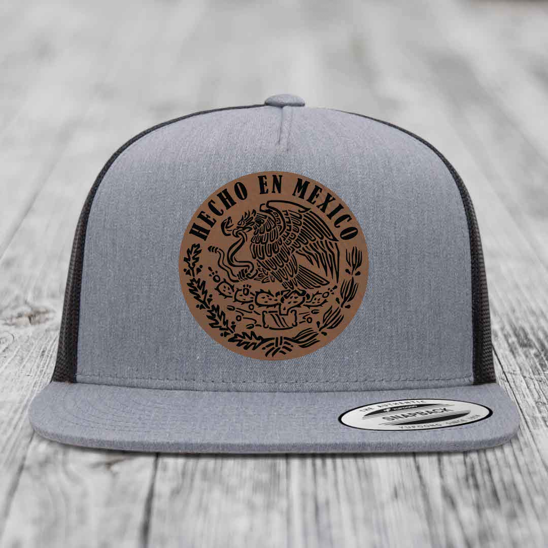 Hecho En Mexico - Leather Patch Hat - Dark Brown to Black Patch - Yupoong 6006 Snapback Flatbill Hat