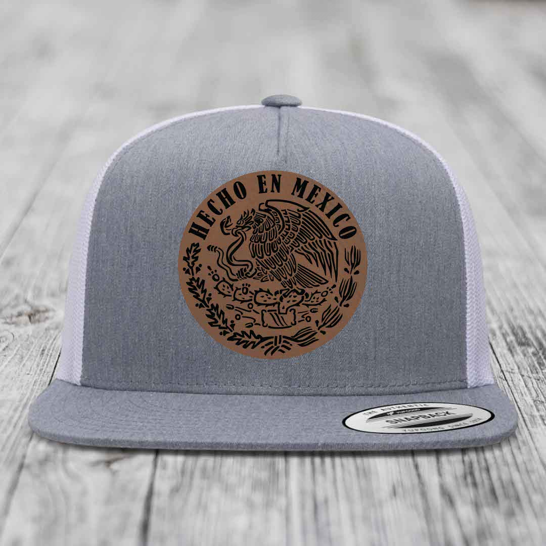 Hecho En Mexico - Leather Patch Hat - Dark Brown to Black Patch - Yupoong 6006 Snapback Flatbill Hat
