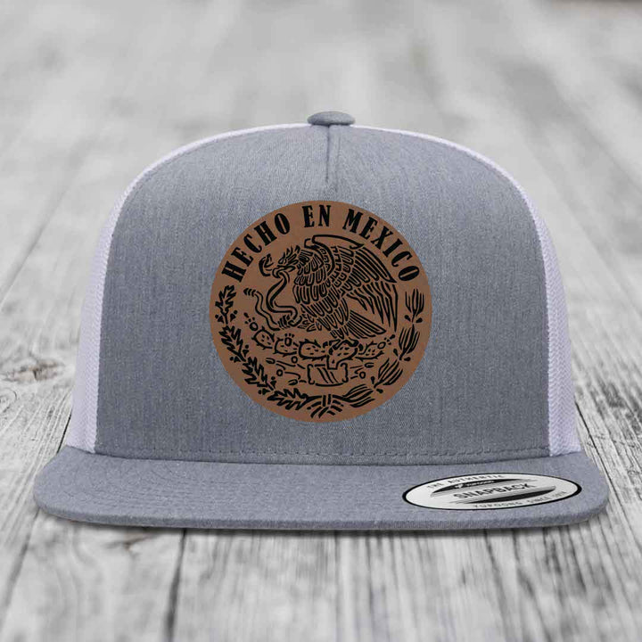 Hecho En Mexico - Leather Patch Hat - Dark Brown to Black Patch - Yupoong 6006 Snapback Flatbill Hat