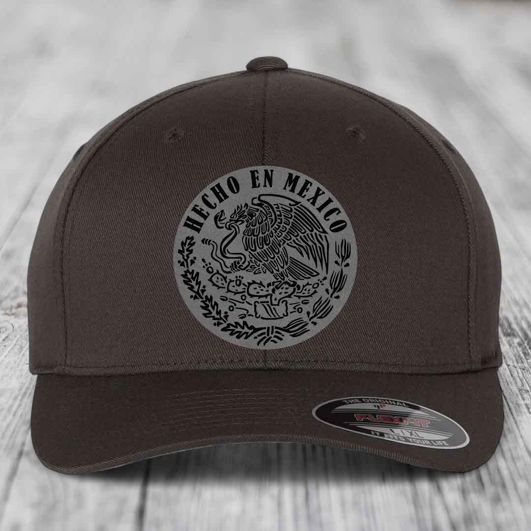 Hecho En Mexico - Leather Patch Hat - Grey to Black Patch - Flexfit 6277 Fitted Hat