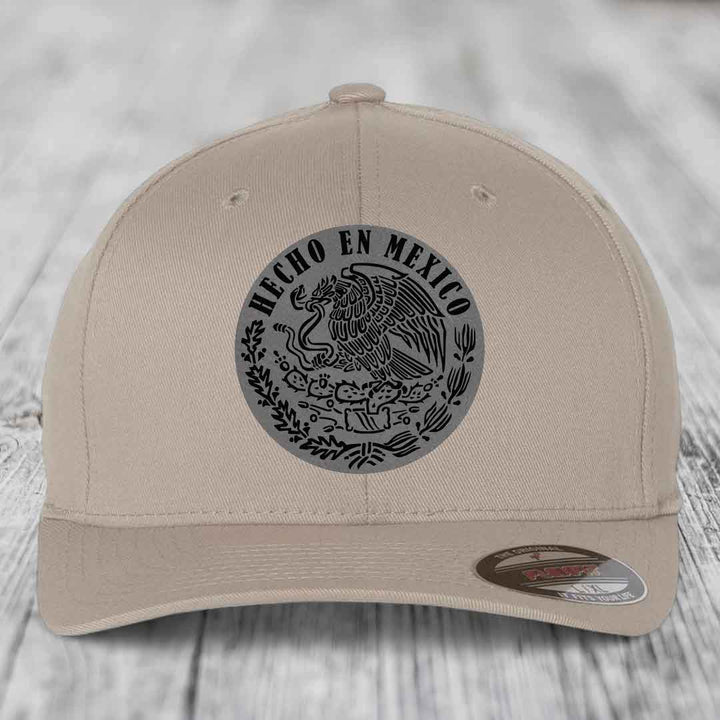 Hecho En Mexico - Leather Patch Hat - Grey to Black Patch - Flexfit 6277 Fitted Hat