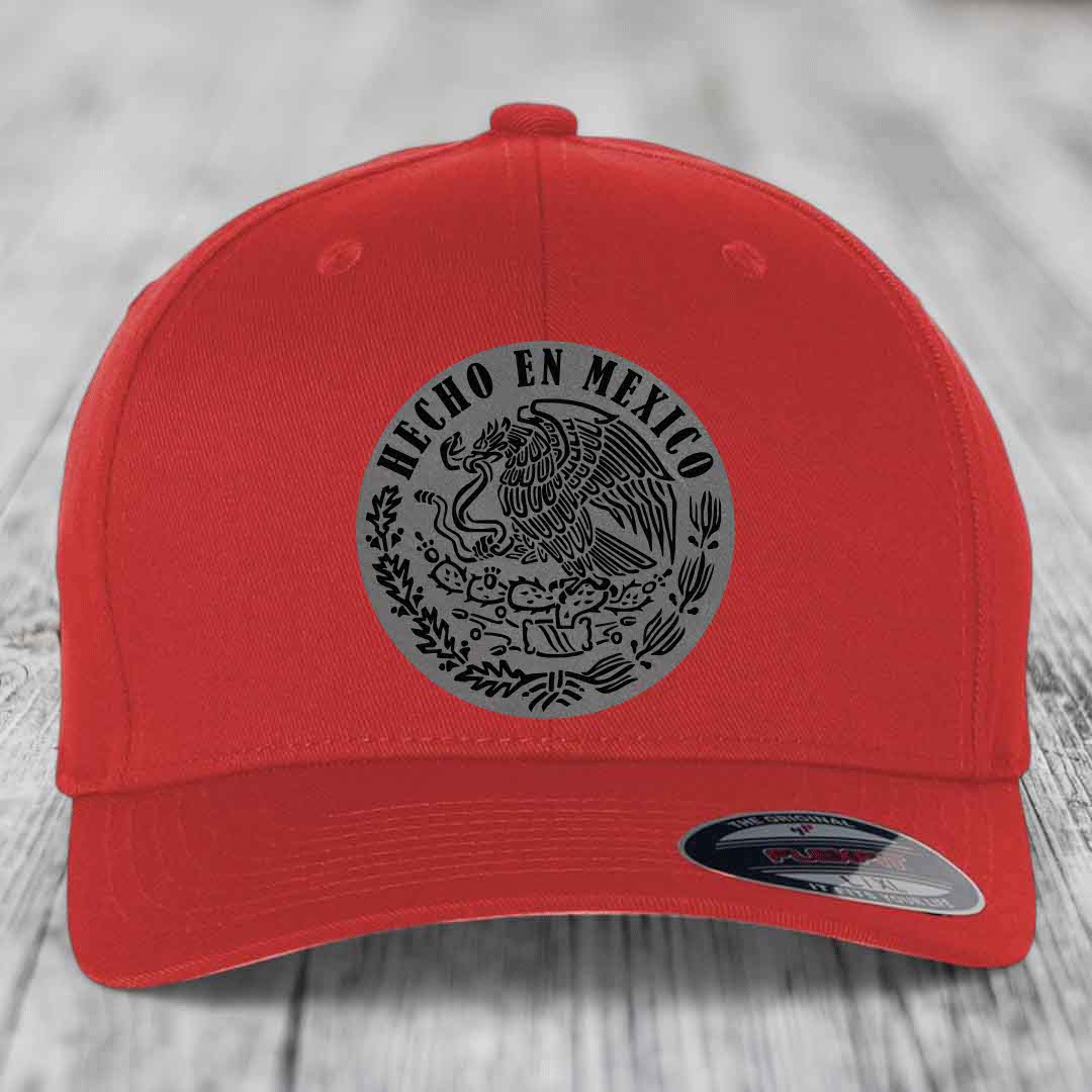 Hecho En Mexico - Leather Patch Hat - Grey to Black Patch - Flexfit 6277 Fitted Hat