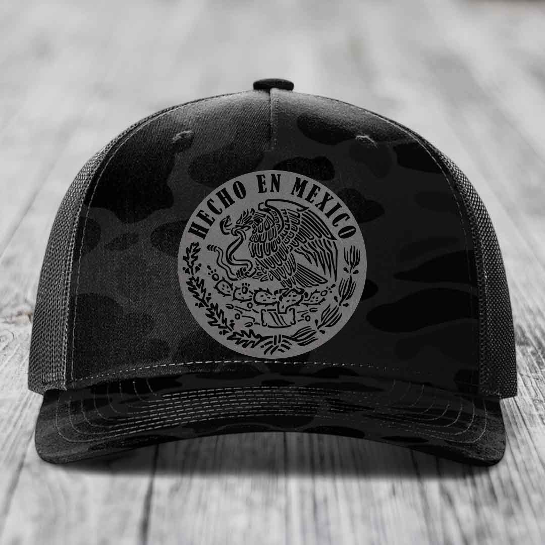 Hecho En Mexico - Leather Patch Hat - Grey to Black Patch - Richardson 112PFP Snapback Trucker Hat