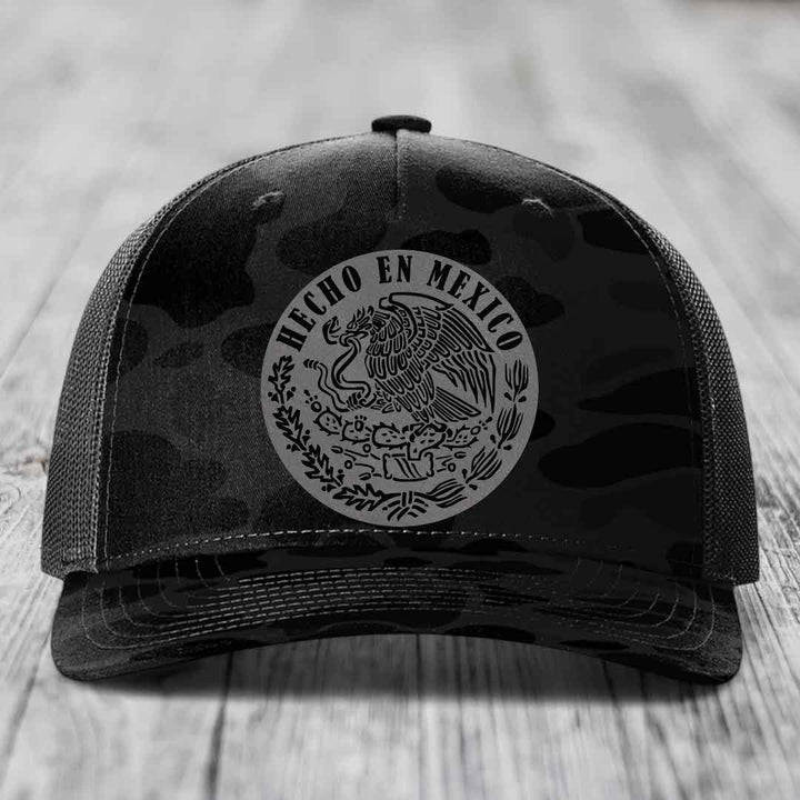 Hecho En Mexico - Leather Patch Hat - Grey to Black Patch - Richardson 112PFP Snapback Trucker Hat