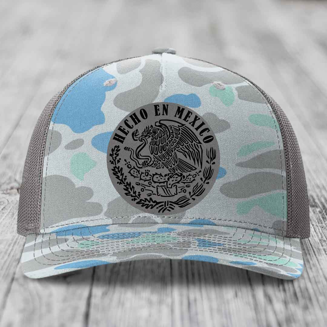 Hecho En Mexico - Leather Patch Hat - Grey to Black Patch - Richardson 112PFP Snapback Trucker Hat