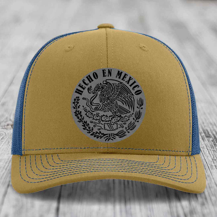 Hecho En Mexico - Leather Patch Hat - Grey to Black Patch - Richardson 112 Snapback Trucker Hat