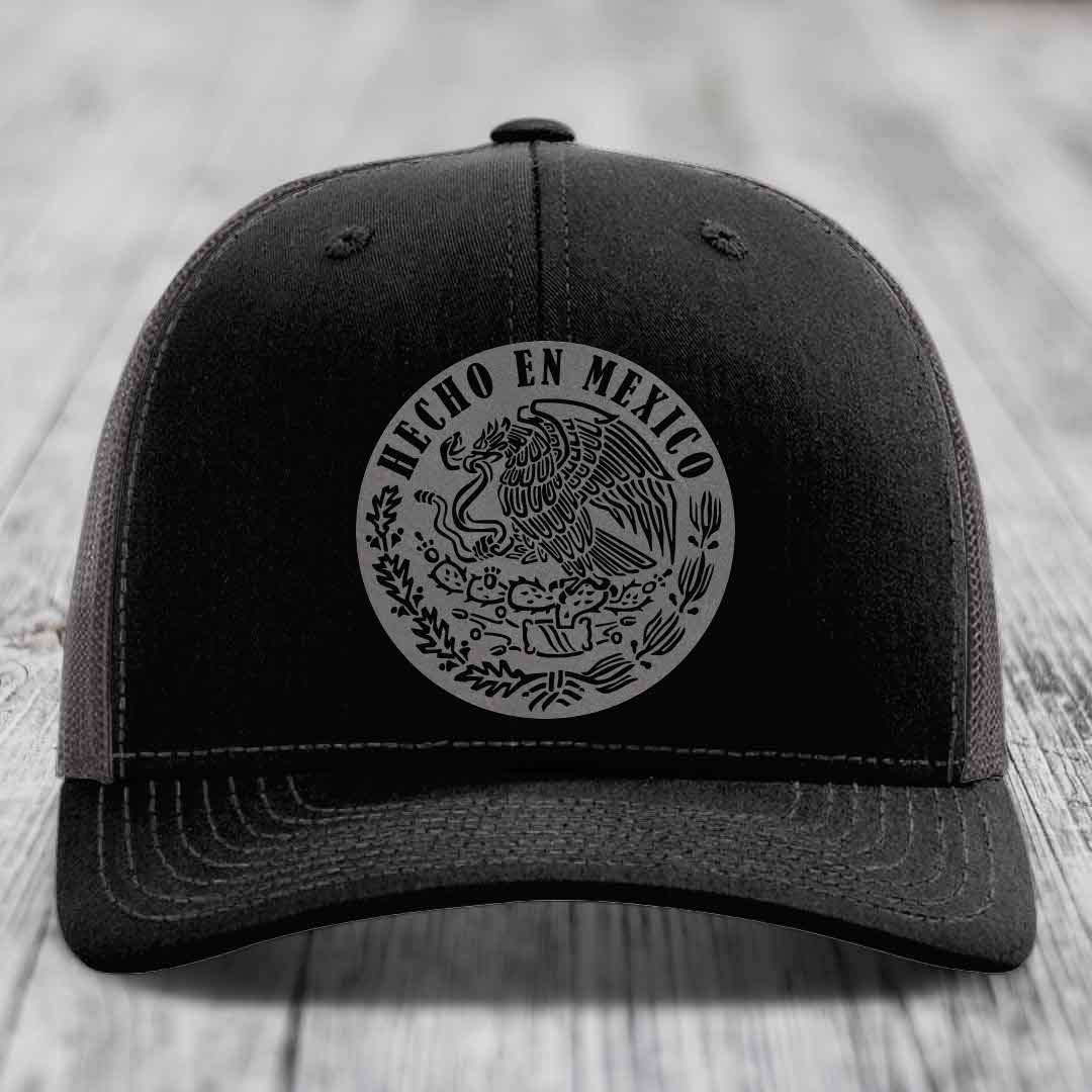 Hecho En Mexico - Leather Patch Hat - Grey to Black Patch - Richardson 112 Snapback Trucker Hat