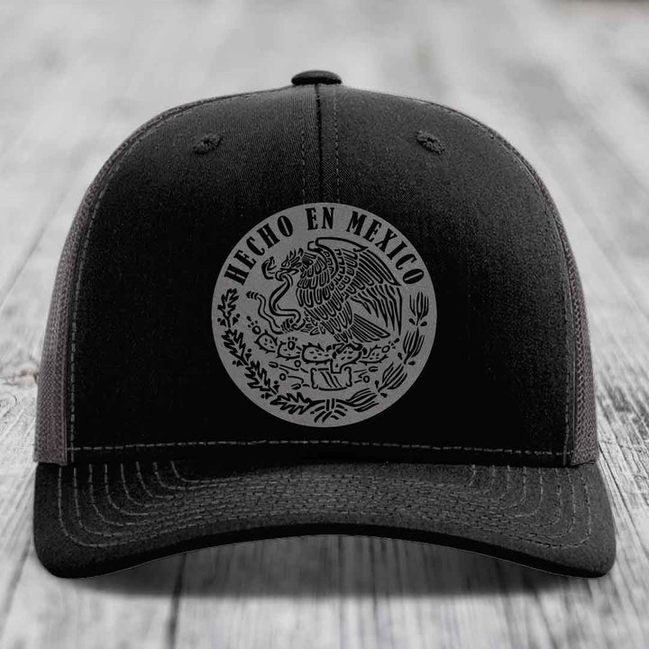 Hecho En Mexico - Leather Patch Hat - Grey to Black Patch - Richardson 112 Snapback Trucker Hat