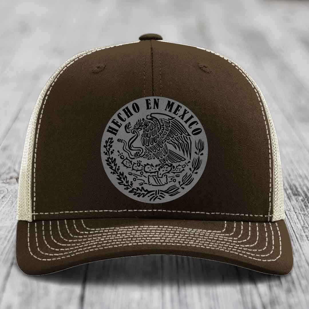 Hecho En Mexico - Leather Patch Hat - Grey to Black Patch - Richardson 112 Snapback Trucker Hat