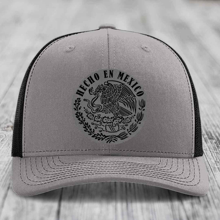 Hecho En Mexico - Leather Patch Hat - Grey to Black Patch - Richardson 112 Snapback Trucker Hat