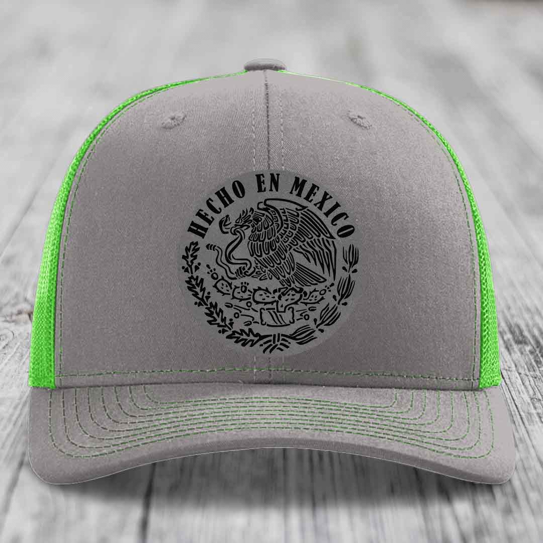 Hecho En Mexico - Leather Patch Hat - Grey to Black Patch - Richardson 112 Snapback Trucker Hat