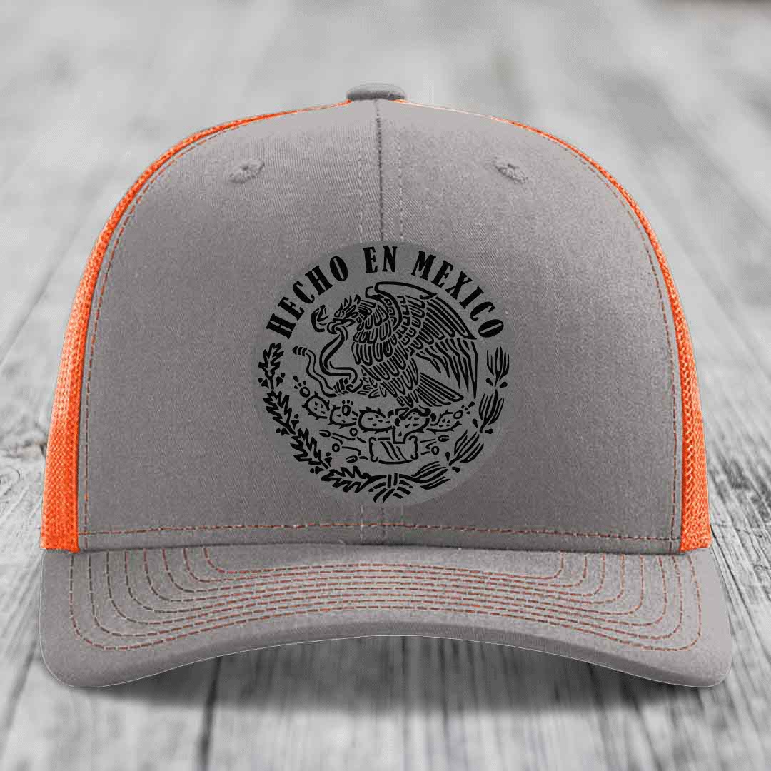 Hecho En Mexico - Leather Patch Hat - Grey to Black Patch - Richardson 112 Snapback Trucker Hat