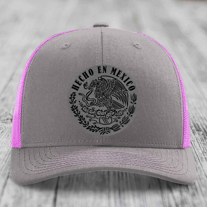 Hecho En Mexico - Leather Patch Hat - Grey to Black Patch - Richardson 112 Snapback Trucker Hat