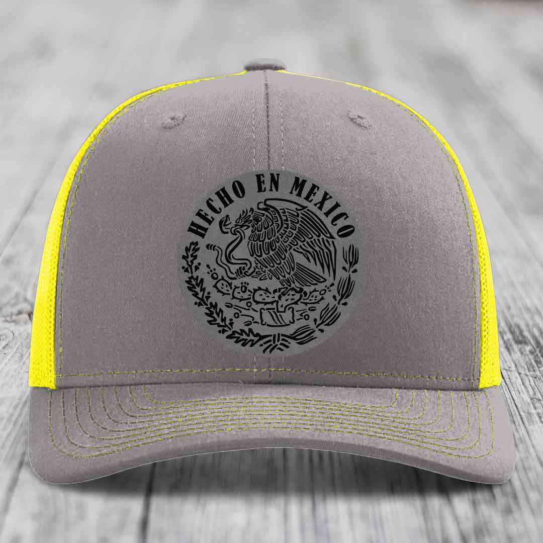 Hecho En Mexico - Leather Patch Hat - Grey to Black Patch - Richardson 112 Snapback Trucker Hat