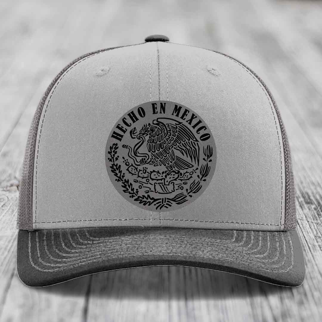 Hecho En Mexico - Leather Patch Hat - Grey to Black Patch - Richardson 112 Snapback Trucker Hat