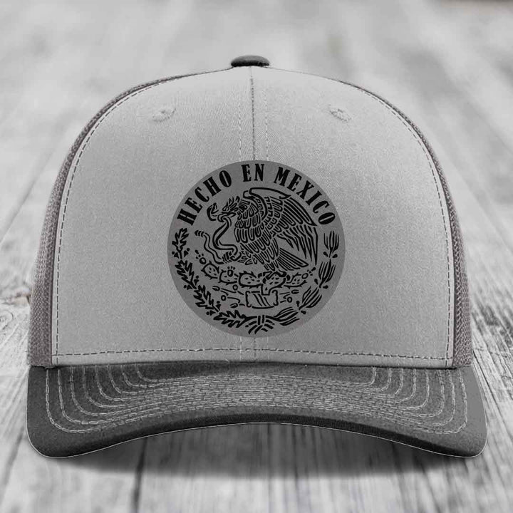 Hecho En Mexico - Leather Patch Hat - Grey to Black Patch - Richardson 112 Snapback Trucker Hat
