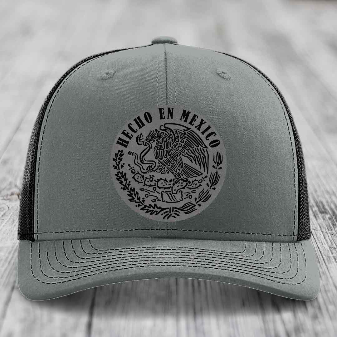 Hecho En Mexico - Leather Patch Hat - Grey to Black Patch - Richardson 112 Snapback Trucker Hat
