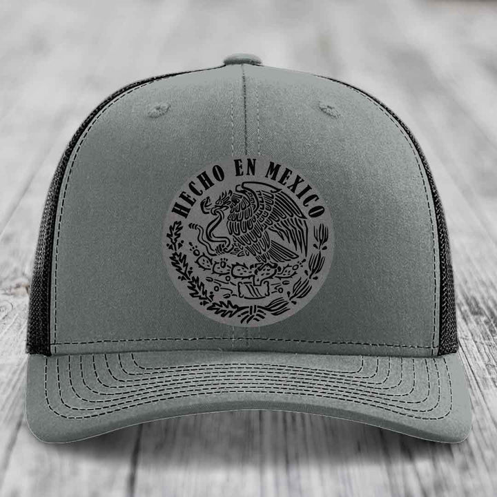 Hecho En Mexico - Leather Patch Hat - Grey to Black Patch - Richardson 112 Snapback Trucker Hat
