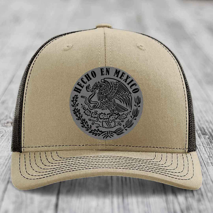 Hecho En Mexico - Leather Patch Hat - Grey to Black Patch - Richardson 112 Snapback Trucker Hat