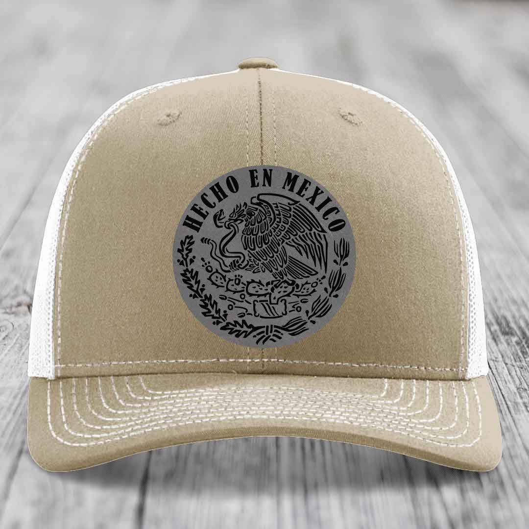 Hecho En Mexico - Leather Patch Hat - Grey to Black Patch - Richardson 112 Snapback Trucker Hat