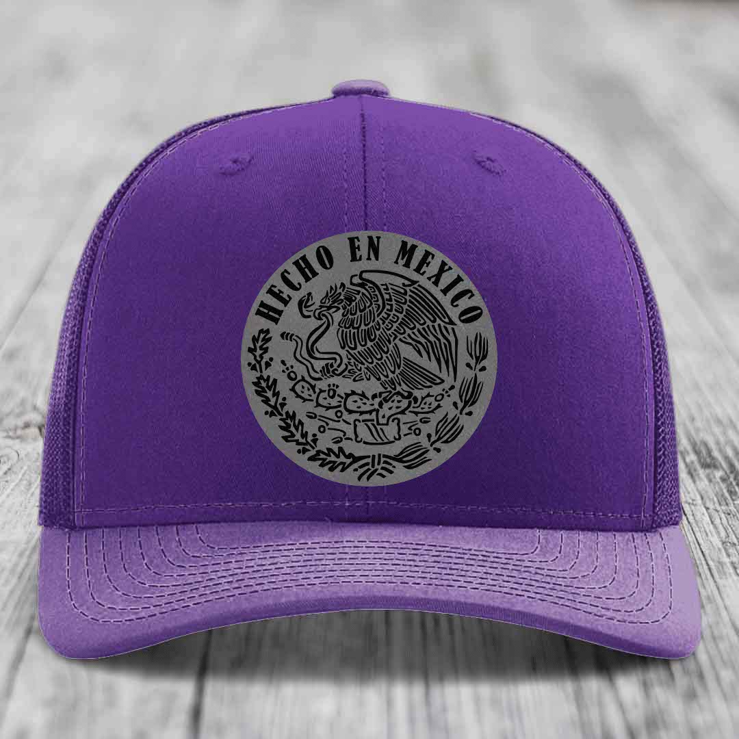 Hecho En Mexico - Leather Patch Hat - Grey to Black Patch - Richardson 112 Snapback Trucker Hat