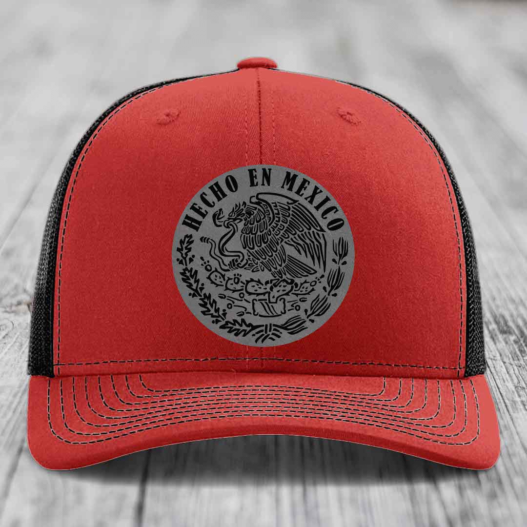 Hecho En Mexico - Leather Patch Hat - Grey to Black Patch - Richardson 112 Snapback Trucker Hat