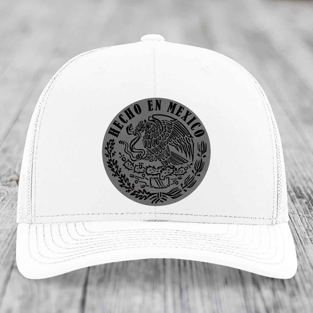 Hecho En Mexico - Leather Patch Hat - Grey to Black Patch - Richardson 112 Snapback Trucker Hat