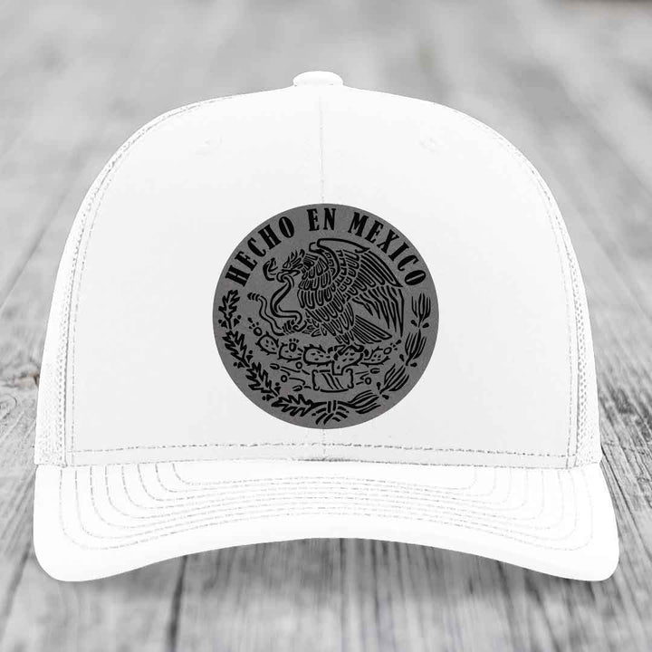 Hecho En Mexico - Leather Patch Hat - Grey to Black Patch - Richardson 112 Snapback Trucker Hat