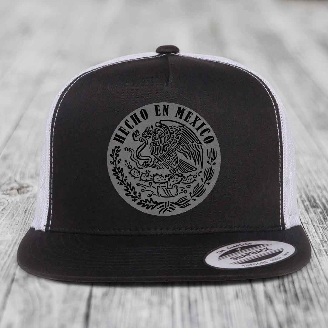 Hecho En Mexico - Leather Patch Hat - Grey to Black Patch - Yupoong 6006 Snapback Flatbill Hat