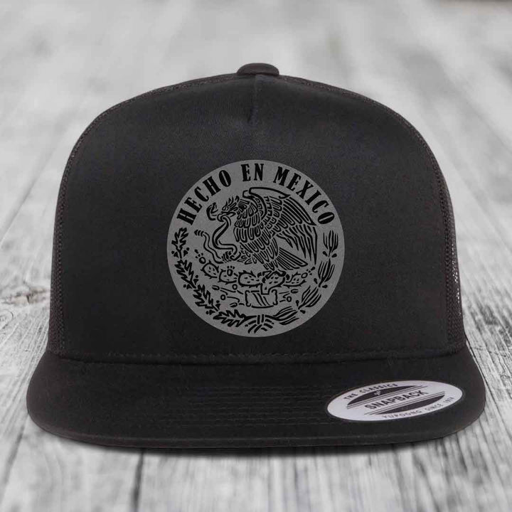 Hecho En Mexico - Leather Patch Hat - Grey to Black Patch - Yupoong 6006 Snapback Flatbill Hat