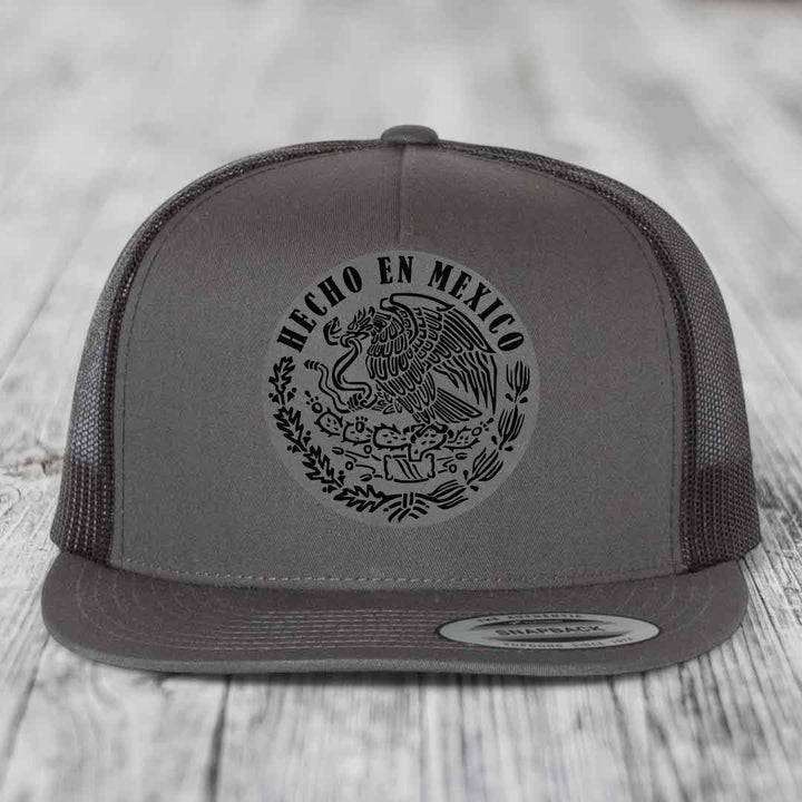 Hecho En Mexico - Leather Patch Hat - Grey to Black Patch - Yupoong 6006 Snapback Flatbill Hat