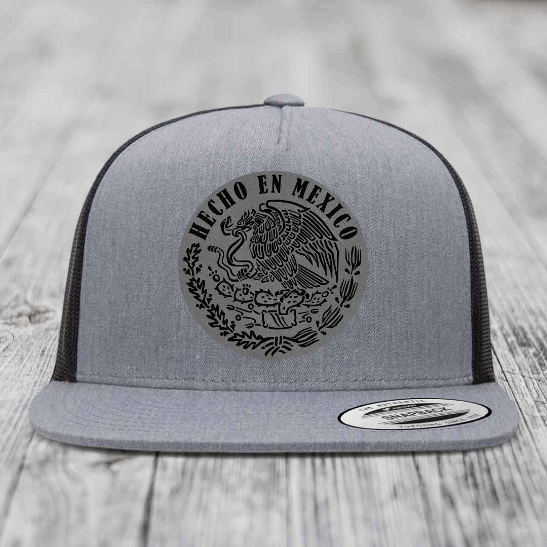 Hecho En Mexico - Leather Patch Hat - Grey to Black Patch - Yupoong 6006 Snapback Flatbill Hat